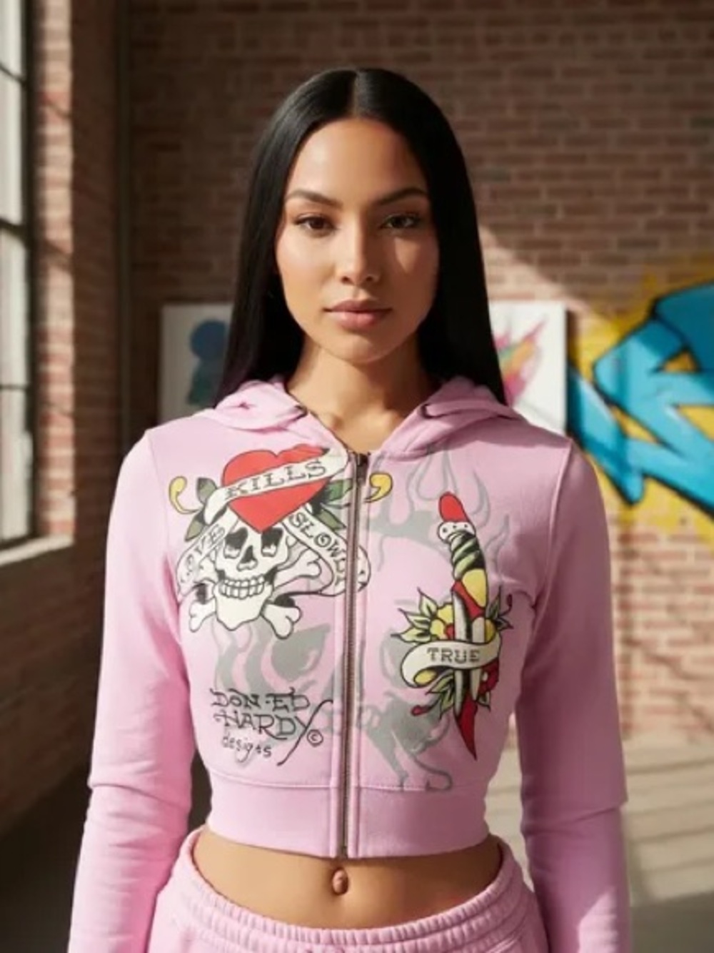 🩷❤️Ed Hardy Light Pink Cropped Zip Hoodie with Tattoo Skull Graphic